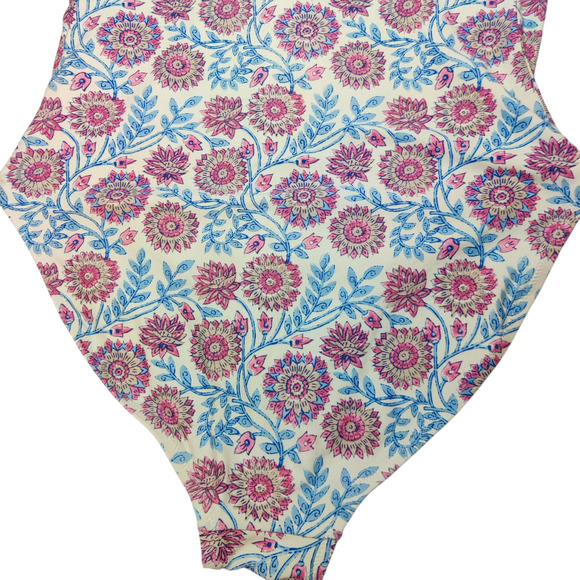 J. Crew Ruffle V Neck One Piece Swimsuit Floral Vine Block Print Sz 12 Pink Blue - Picture 8 of 14